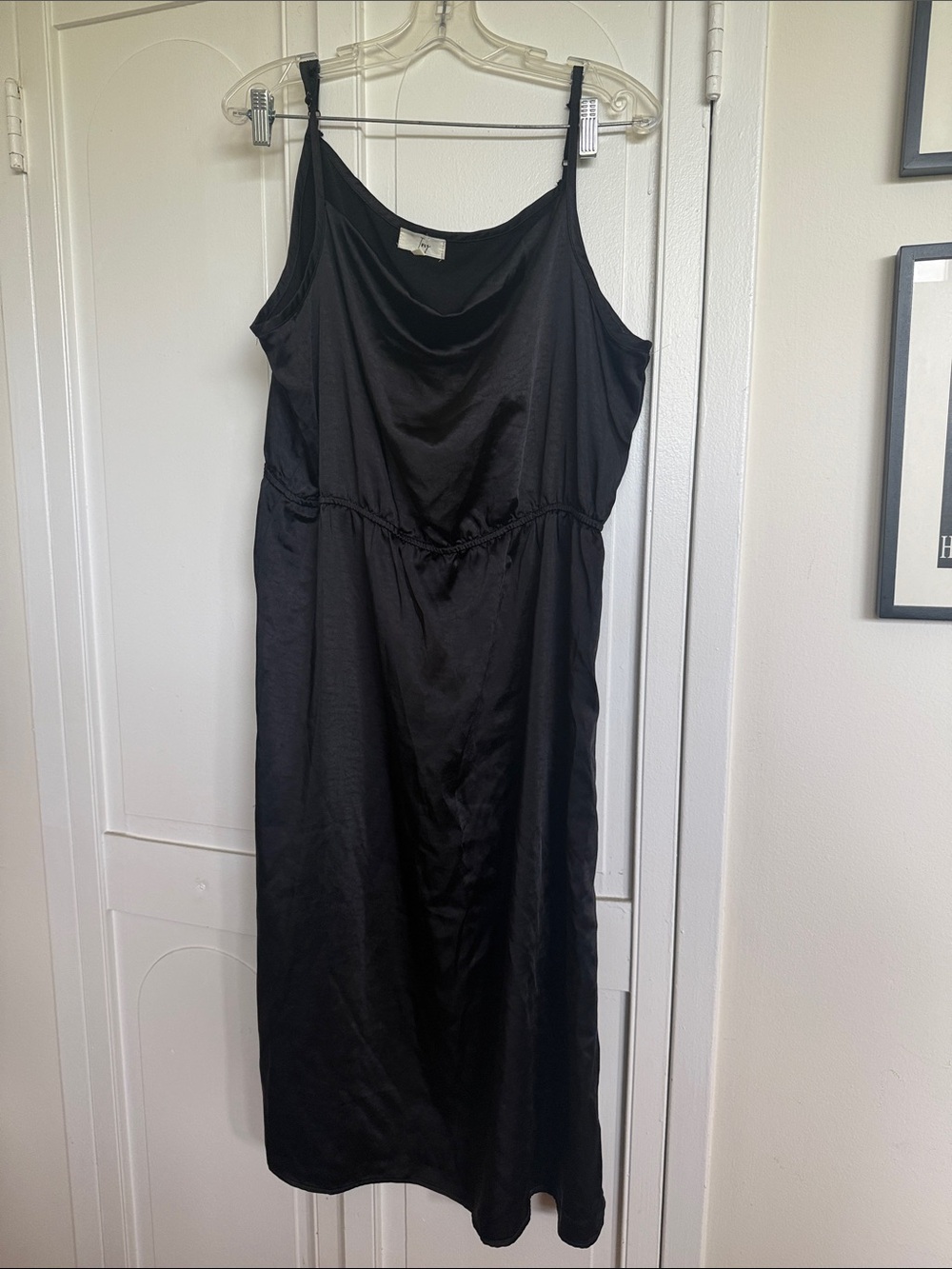 Black Cowl Neck Midi Slip Dress - Sleek Satin Finish